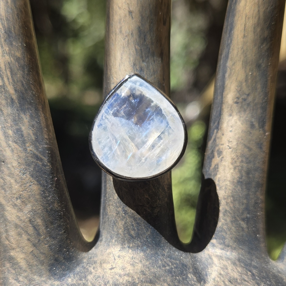 Moonstone Natural HUGE 24k Sterling & Rhodium Ring Sz8 - Picture 5 of 8